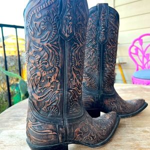 Brown tooled corral boots
